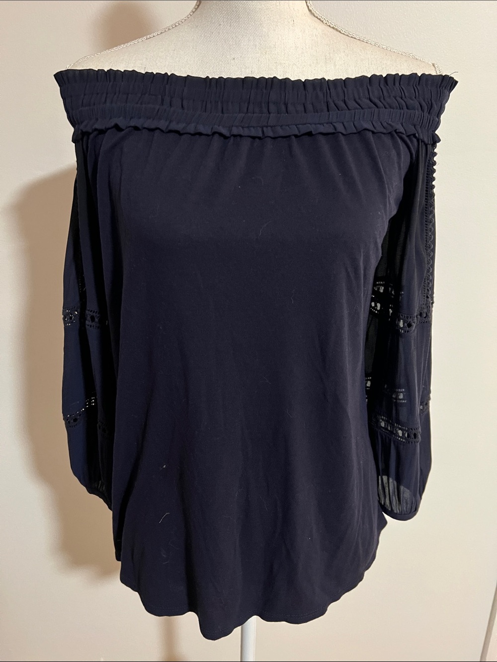 LOFT Navy Off-Shoulder Blouse with Lace-Trim Balloon Sleeves